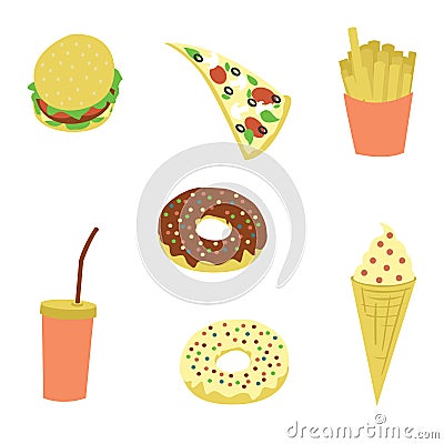 Set of icon fast food. High-calorie unhealthy food. Vector Illustration